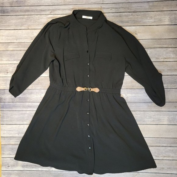 G COLLECTION 3/4 Sleeve Black Button Up Lined Dress Belted Waist Women's 2xl 880 - Picture 1 of 7